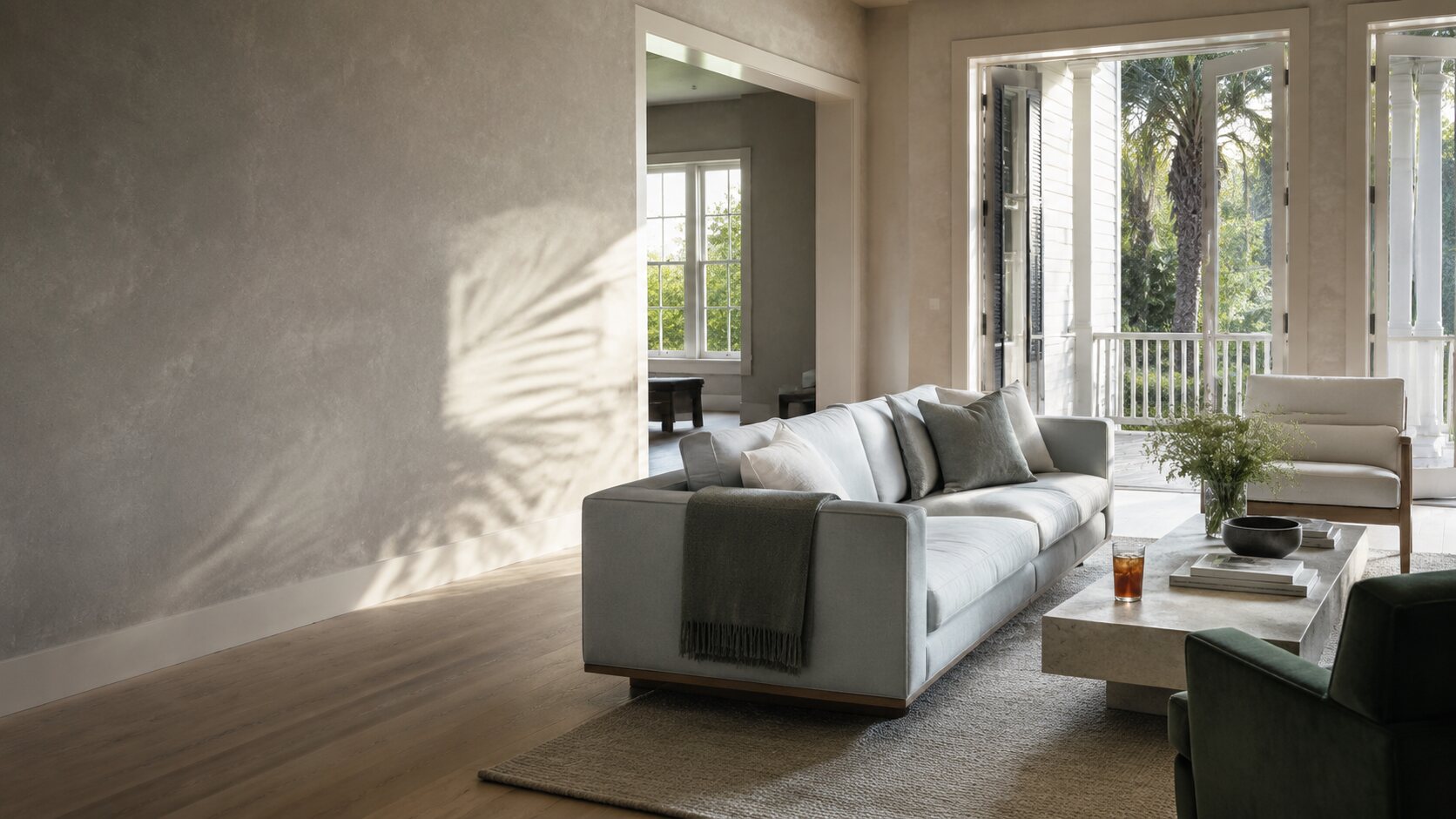 A warm, modern Charleston living room after a home reset