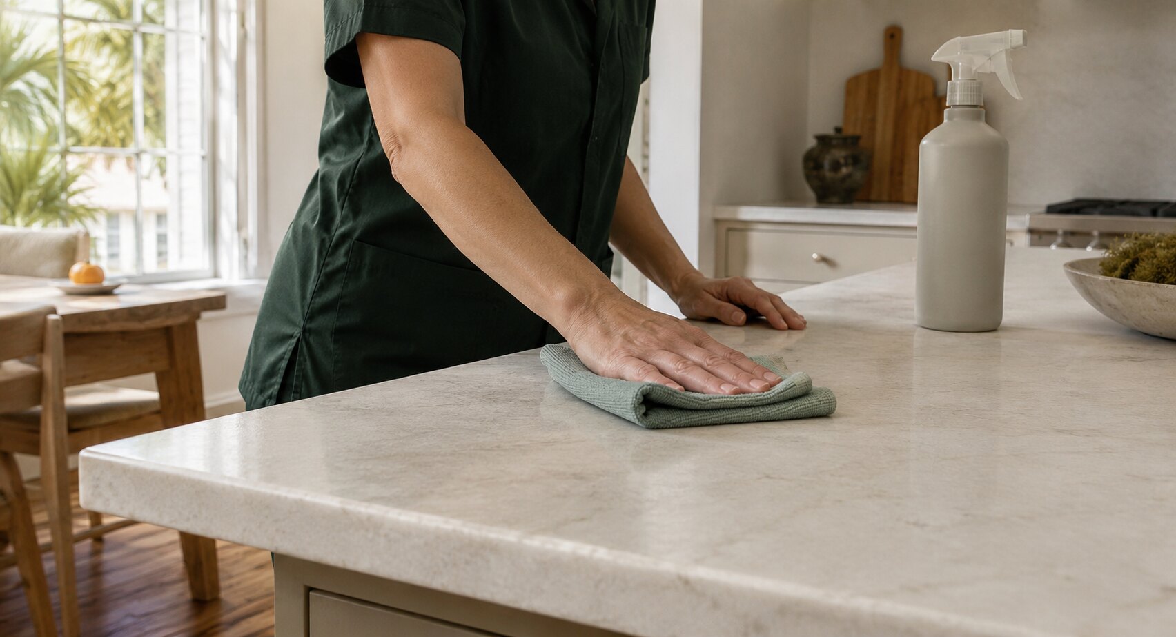 A Charleston cleaning professional completing the final reset in a sunlit kitchen